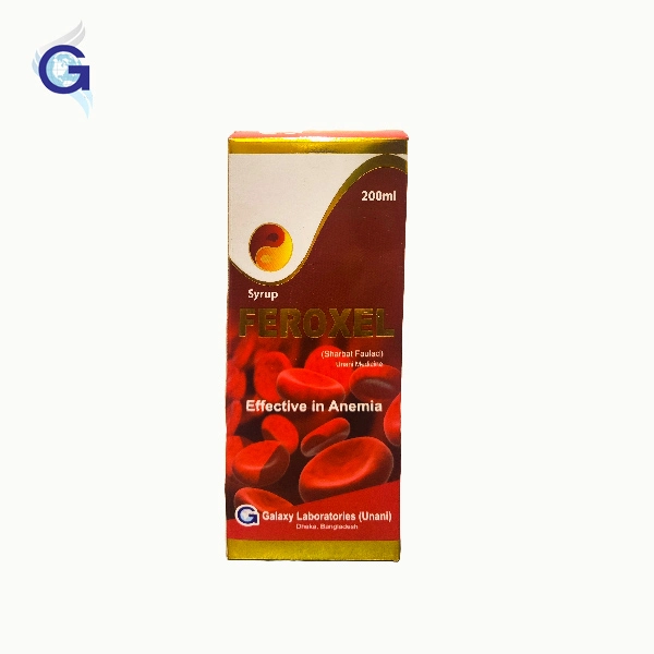 Feroxel Syrup by Galaxy Laboratories Unani for anemia, low red blood cells, and liver weakness relief.